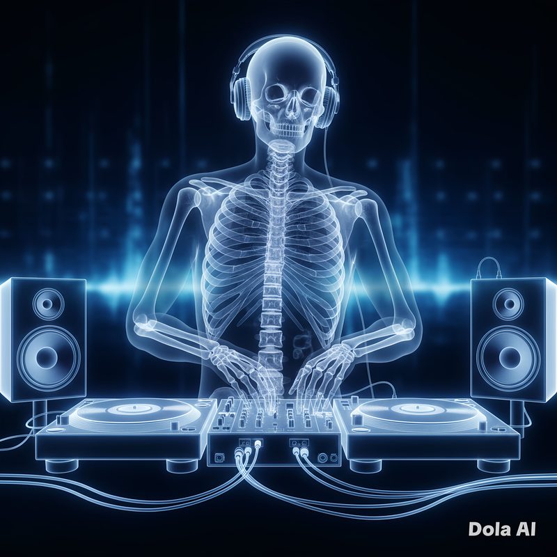 DJ Terry Seager — X-ray skeleton DJ at the decks
